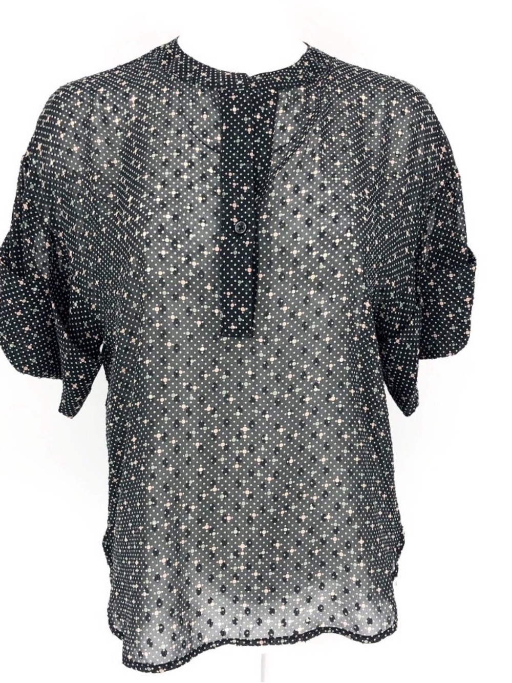 CAbi Women’s Swiss Dot Popover Short Sleeve Sheer Top; Xsmall